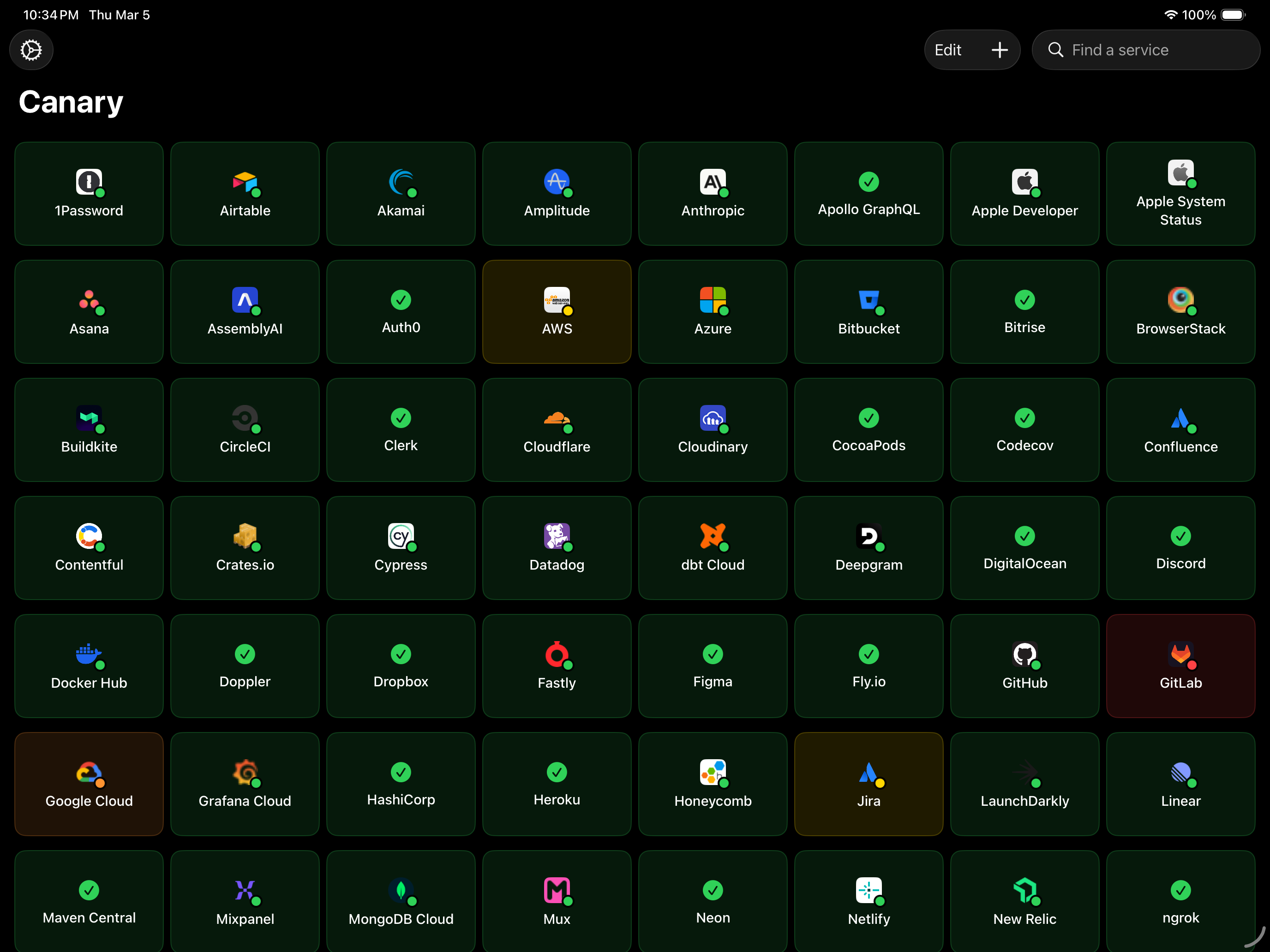 Canary dashboard showing the status of dozens of services in a grid layout on iPad