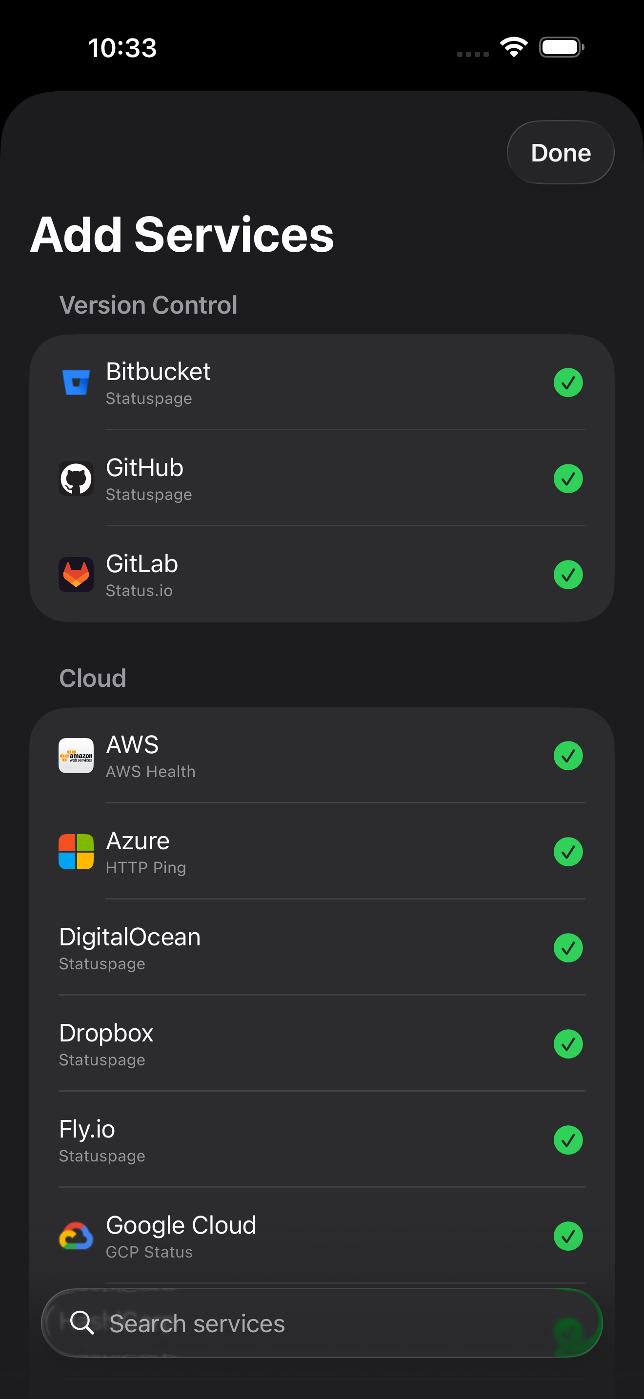Canary service catalog showing services organized by category