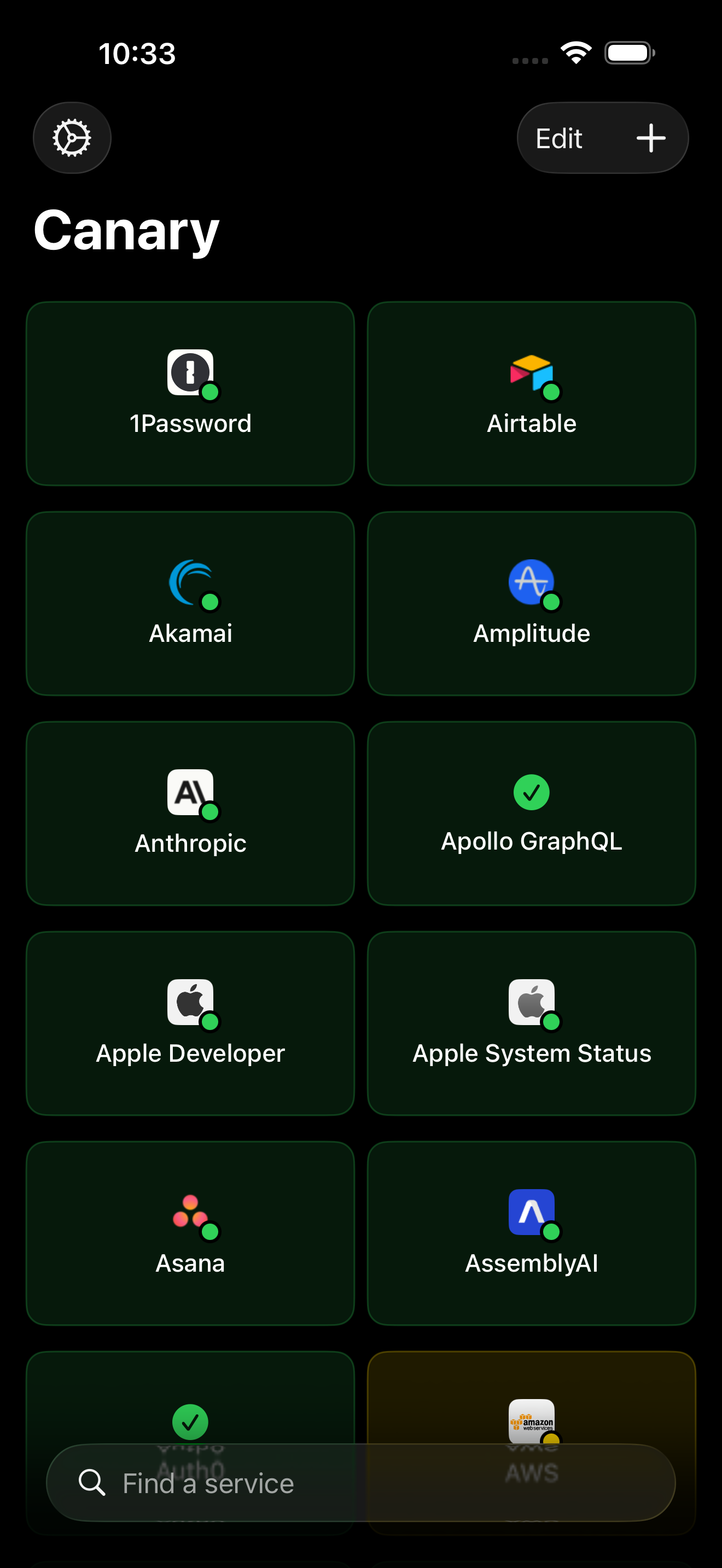 Canary dashboard on iPhone showing service status tiles